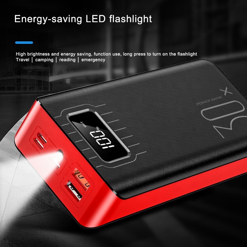Batería Portátil 20000mAh con Linterna LED y Doble USB – Ideal para Viajes